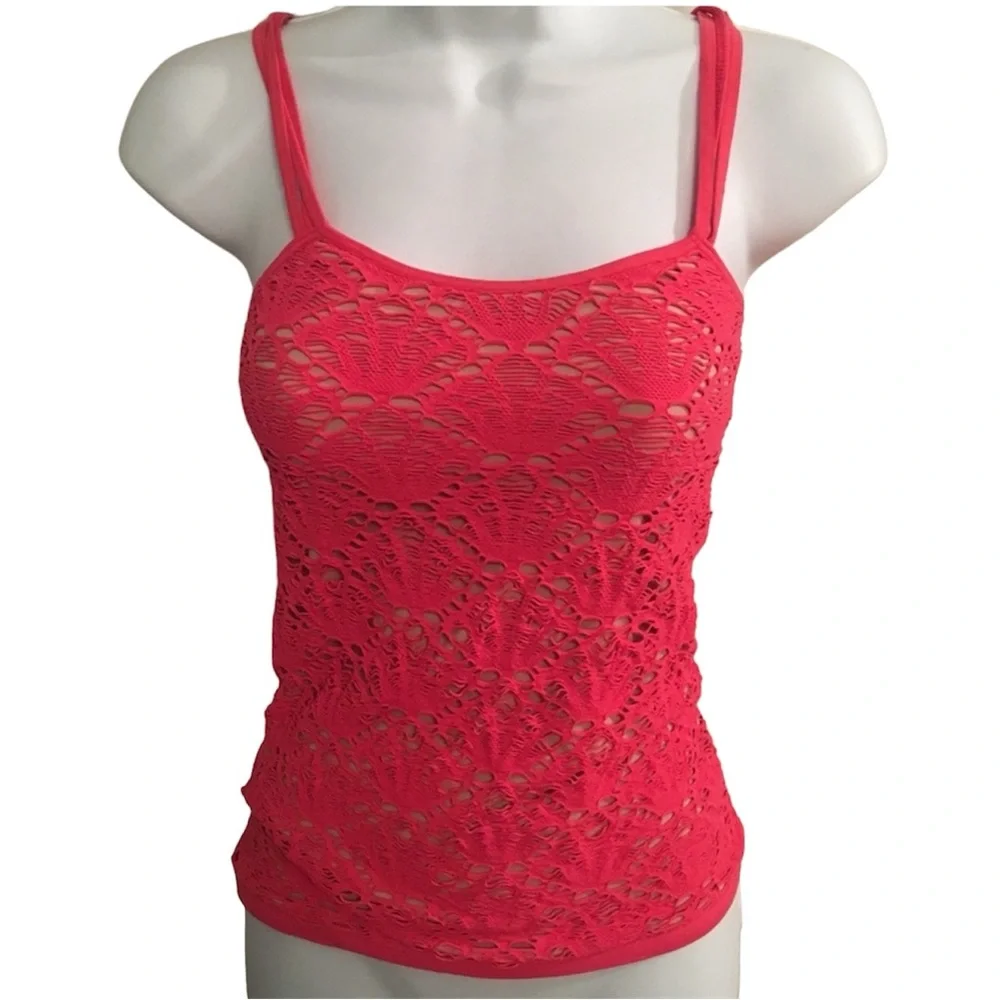 Bebe coral crochet tank has nude lining. with top Triple strap sz M /L stretch - Picture 2 of 5